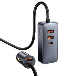 Ładowarka samochodowa Baseus Share Together z przedłużaczem, 3x USB, 1x USB-C, 120W (szara)