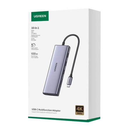 Adapter 10in1 UGREEN Revodok CM498 Hub USB to 3x USB-A 3.0, HDMI, VGA, RJ45, SD/TF, AUX3.5mm, PD Converter