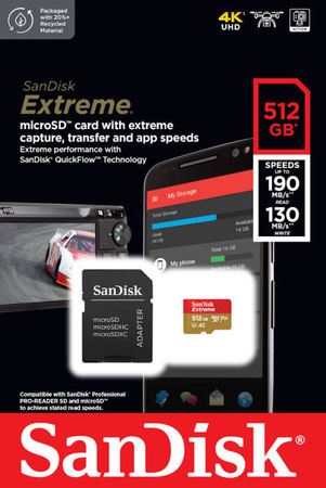 SANDISK EXTREME microSDXC CARD 512 GB 190/130 MB/s A2 C10 V30 UHS-I U3