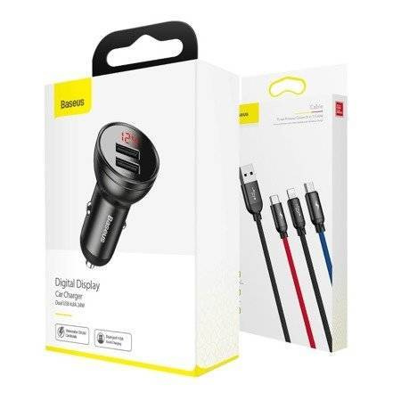 Baseus car charger with 24W display + Baseus Three Primary Colors 1.2m USB cable 3in1