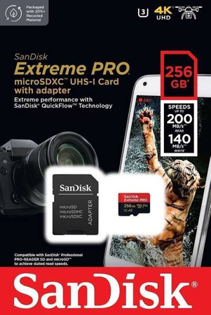 SANDISK EXTREME PRO microSDXC CARD 256GB 200/140 MB/s A2 C10 V30 UHS-I U3