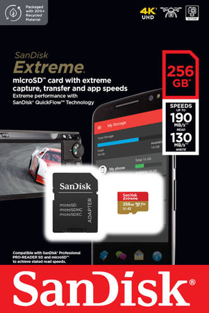 SANDISK EXTREME microSDXC CARD 256 GB 190/130 MB/s A2 C10 V30 UHS-I U3